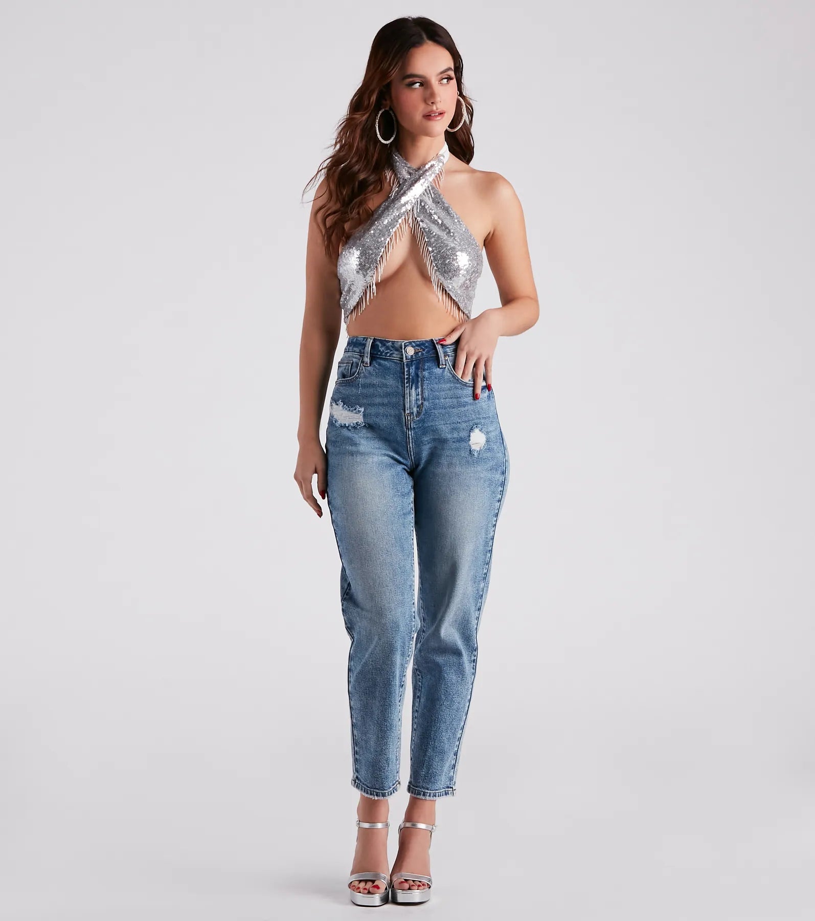 Disco Babe Sequin Fringe Halter Top