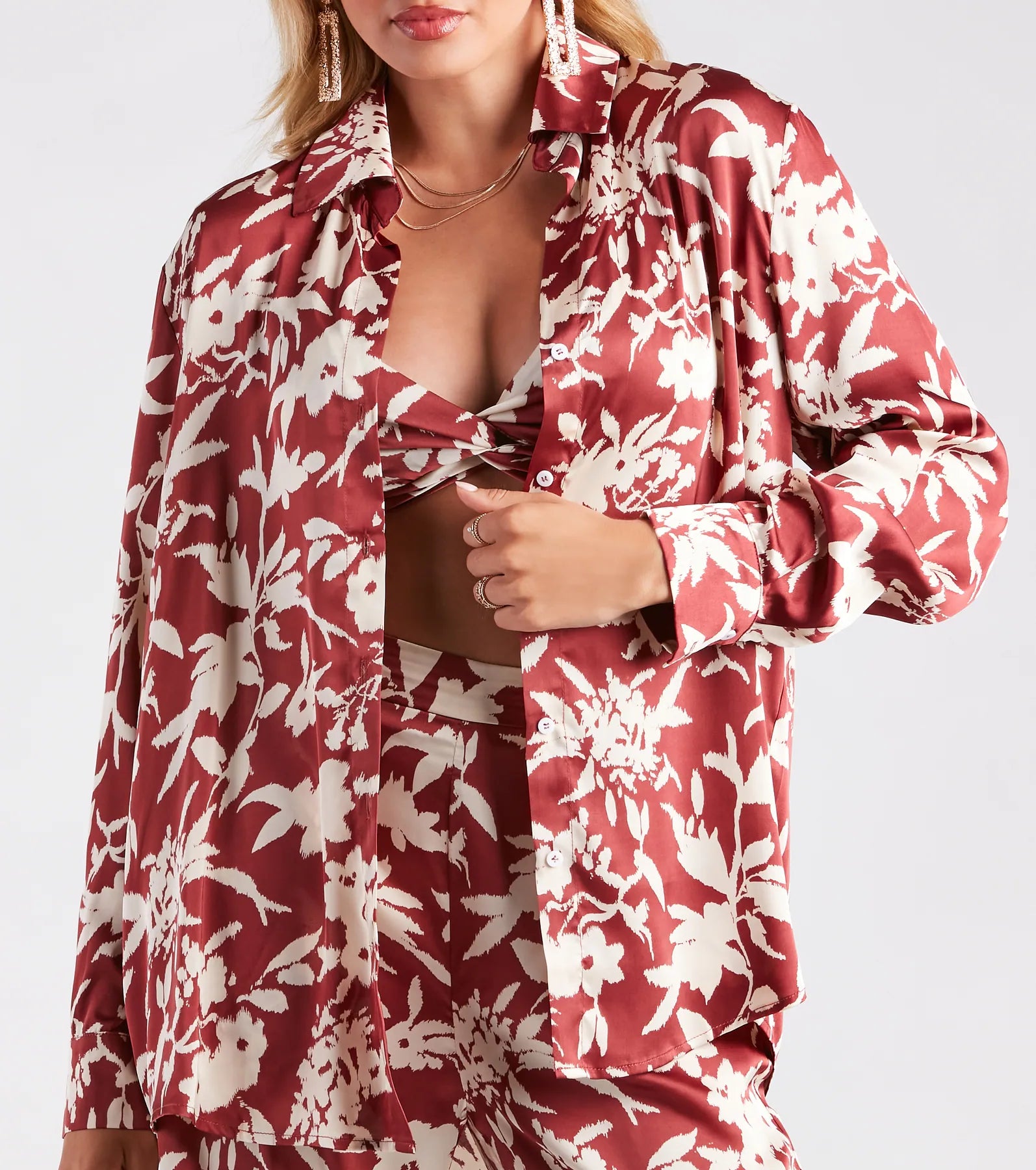 Major Muse Floral Satin Button-Down Top