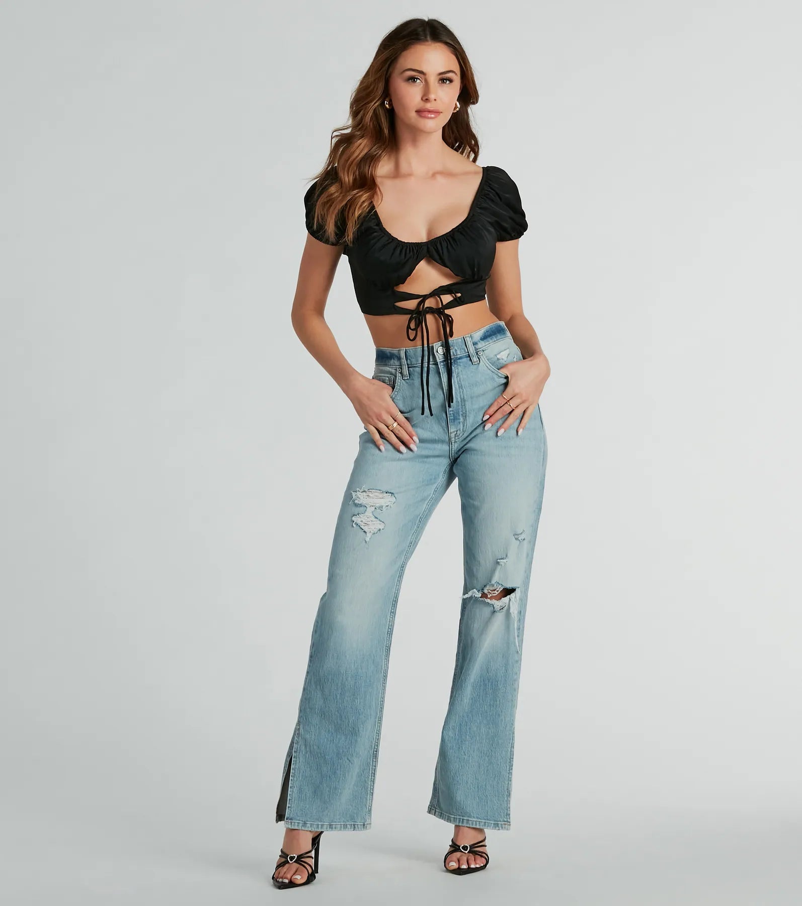 Around Town Puff Sleeve Tie-Front Satin Crop Top