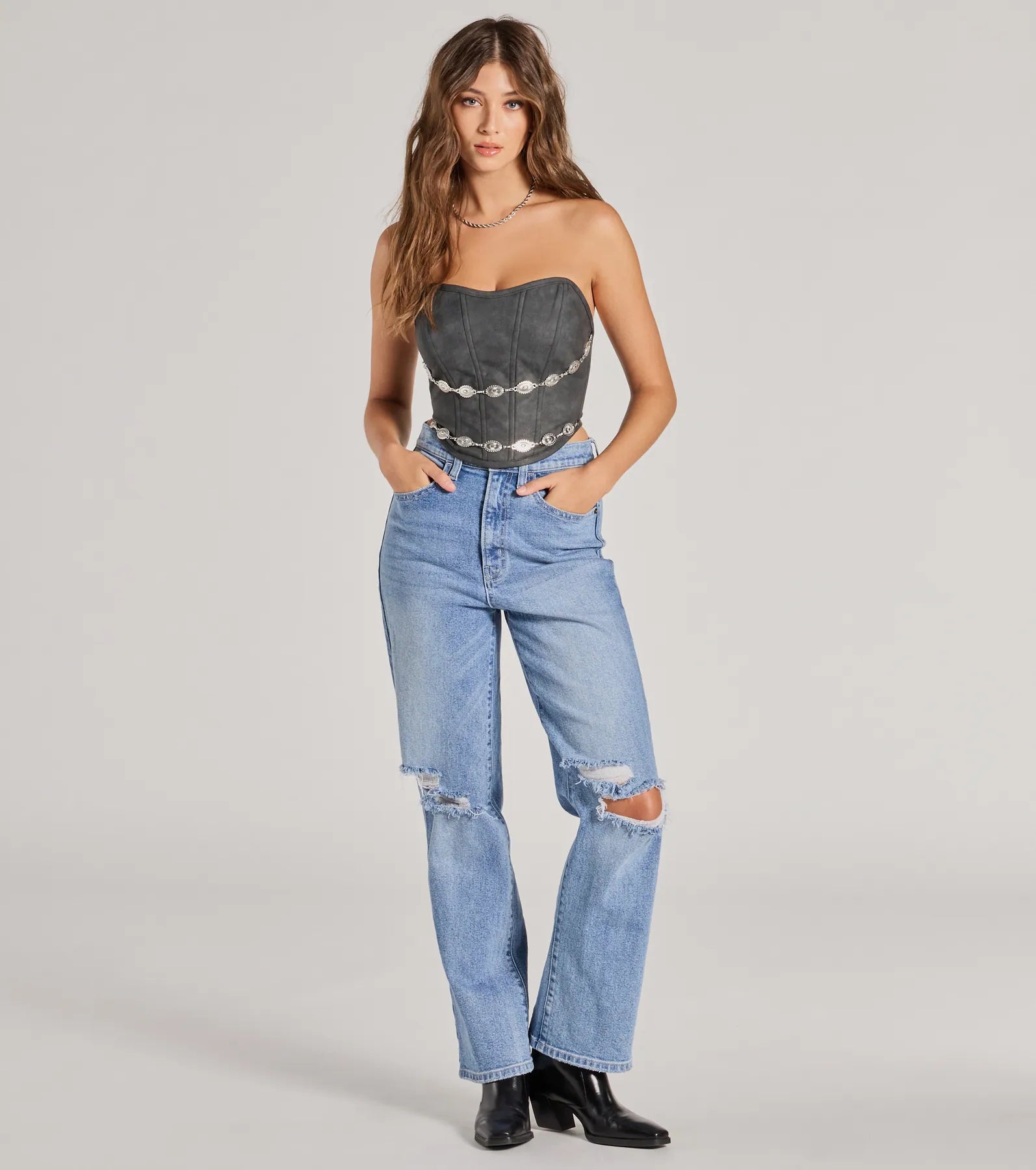 Trendy Chain Trim Faux Leather Corset Top