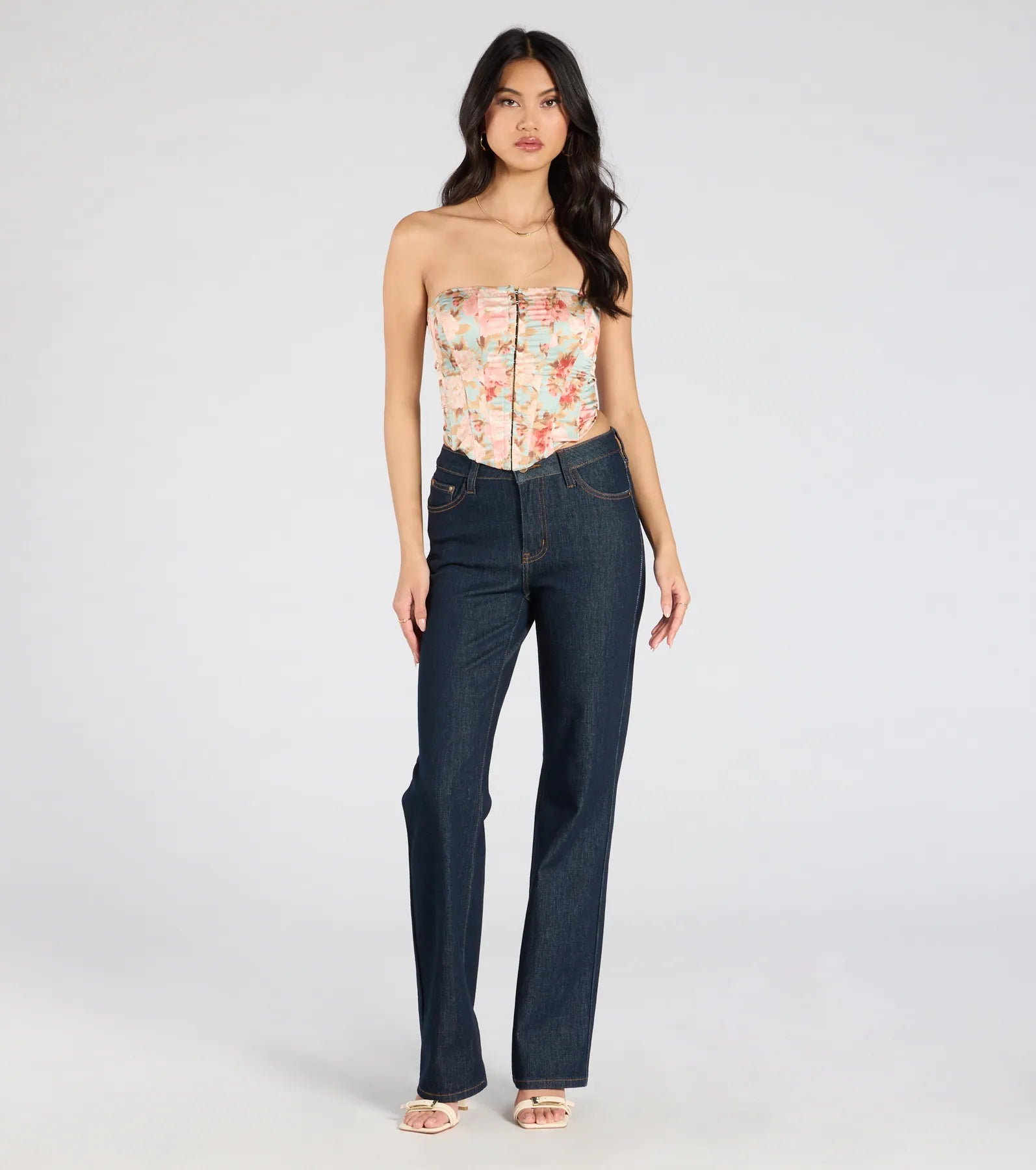 Floral Aesthetic Lace-Up Satin Corset Top