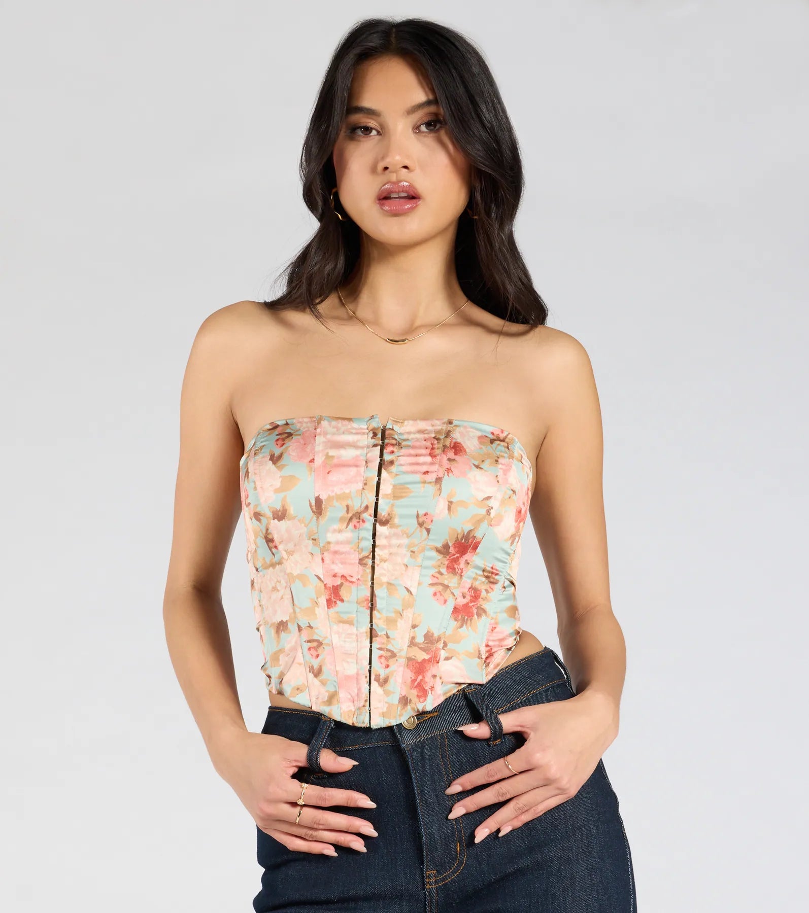 Floral Aesthetic Lace-Up Satin Corset Top