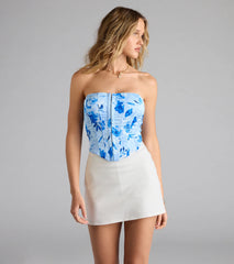 Bold Blooms Lace-Up Floral Satin Corset Top