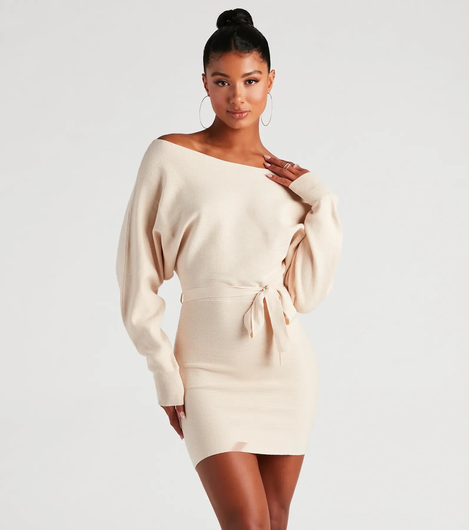 Cold Classic Dolman Sleeve Belted Sweater Dress