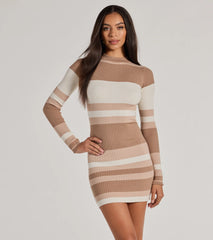 Modern Stripes Ribbed Knit Long Sleeve Mini Dress