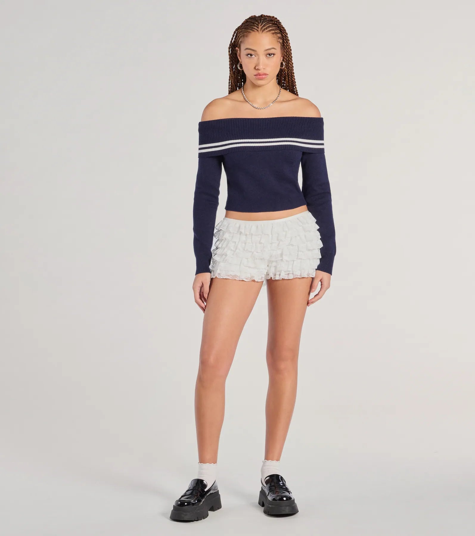Cruising Cutie Off-The-Shoulder Striped Knit Sweater Top