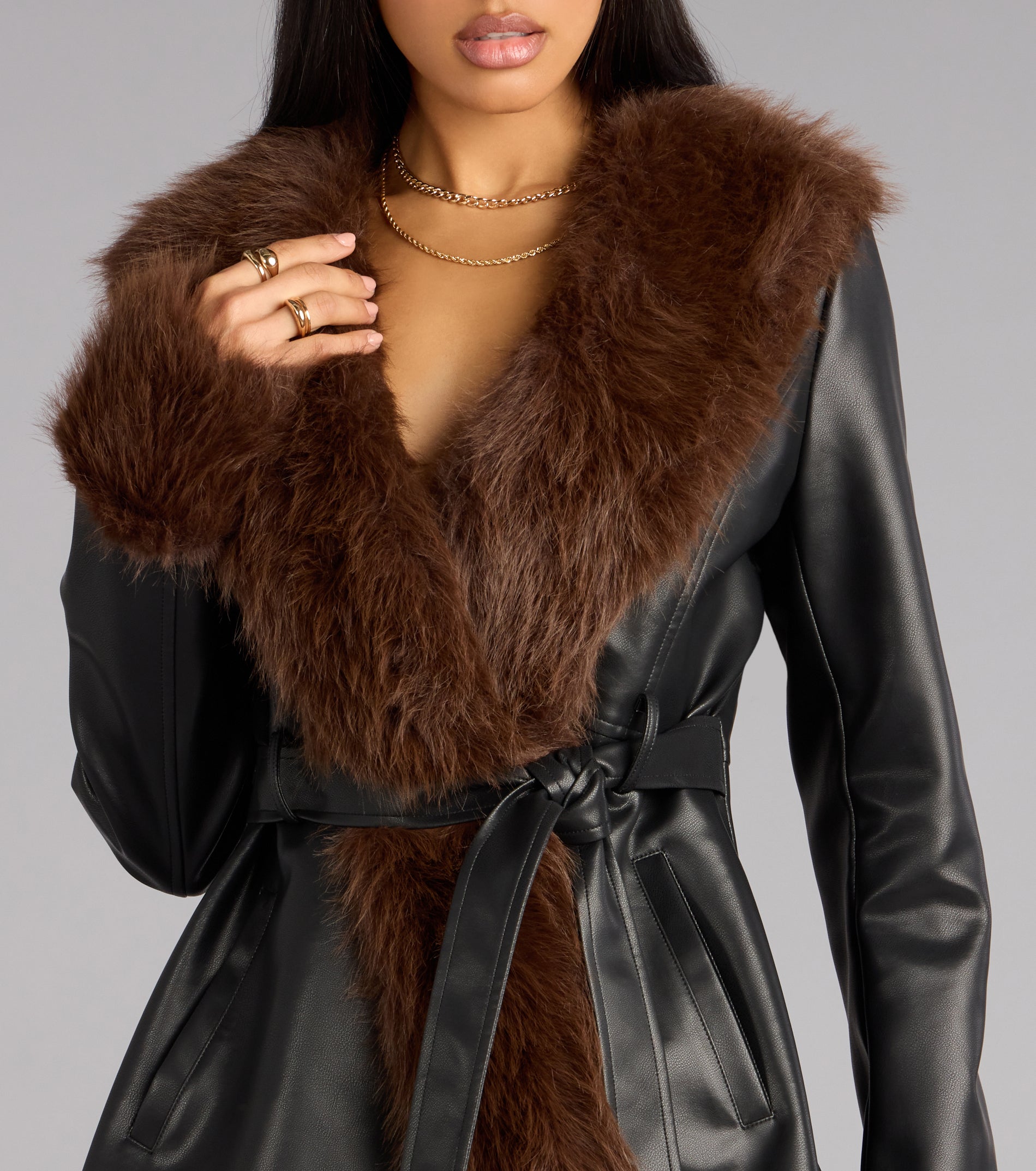 City Luxe Faux Fur Trim Trench Coat