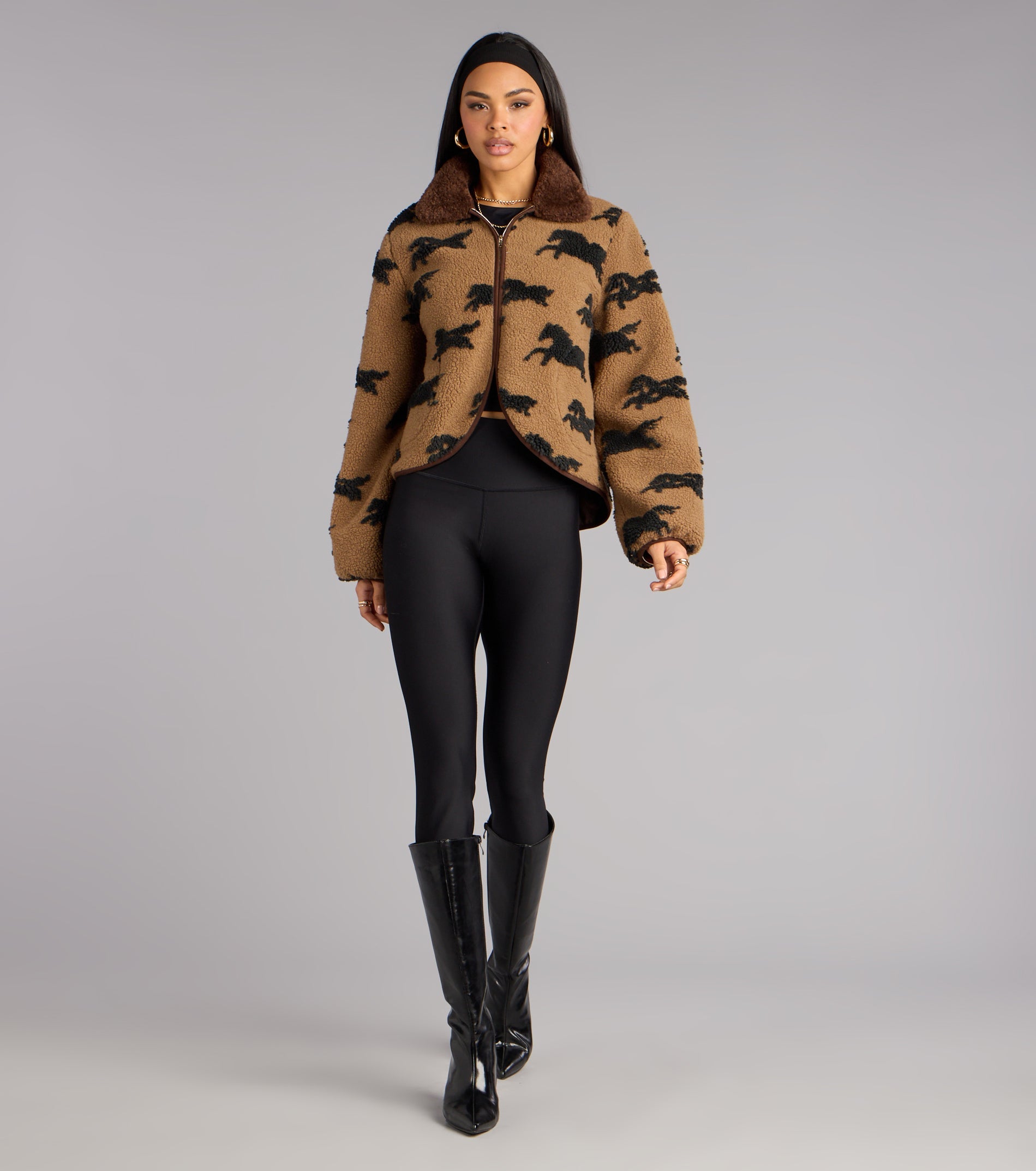 Wild Spirit Horse Print Faux Sherpa Jacket