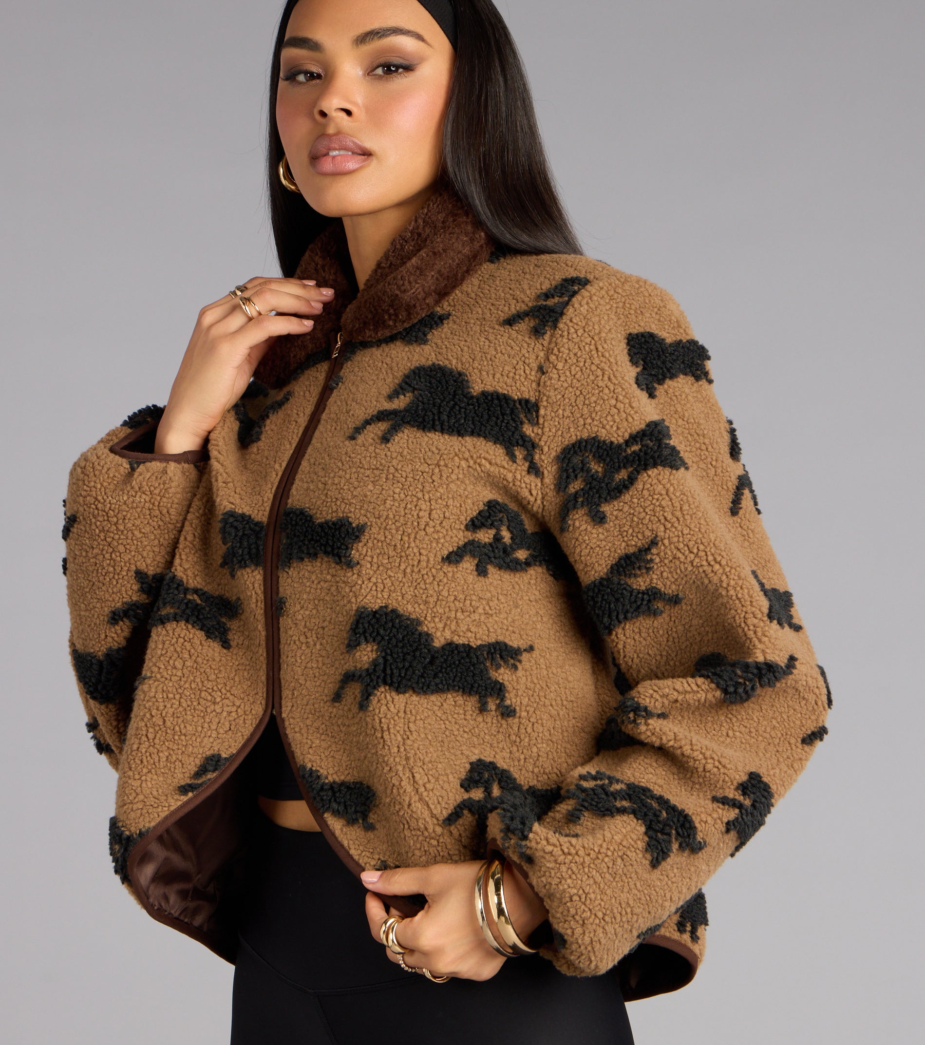 Wild Spirit Horse Print Faux Sherpa Jacket