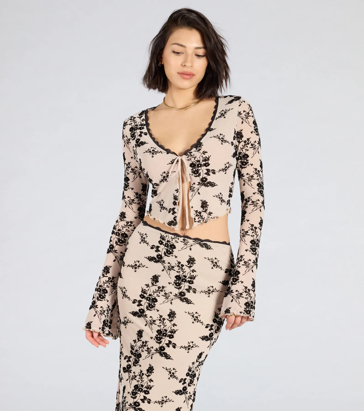 Flirt Alert Flocked Floral Mesh Tie-Front Top