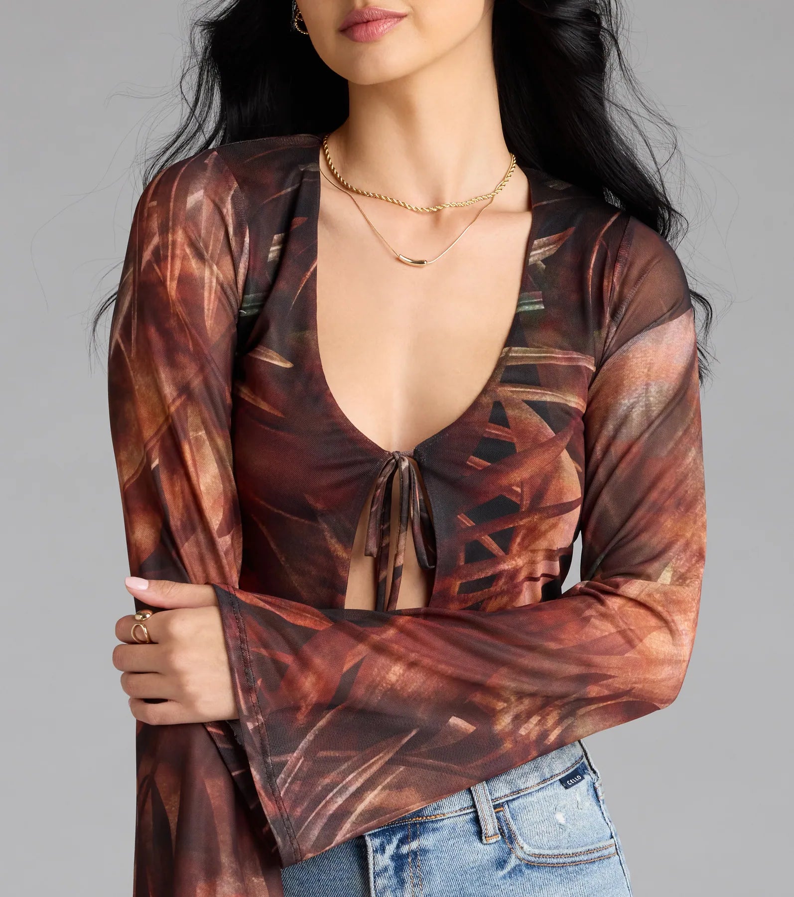 Getaway Vibe Tropical Print Tie-Front Top