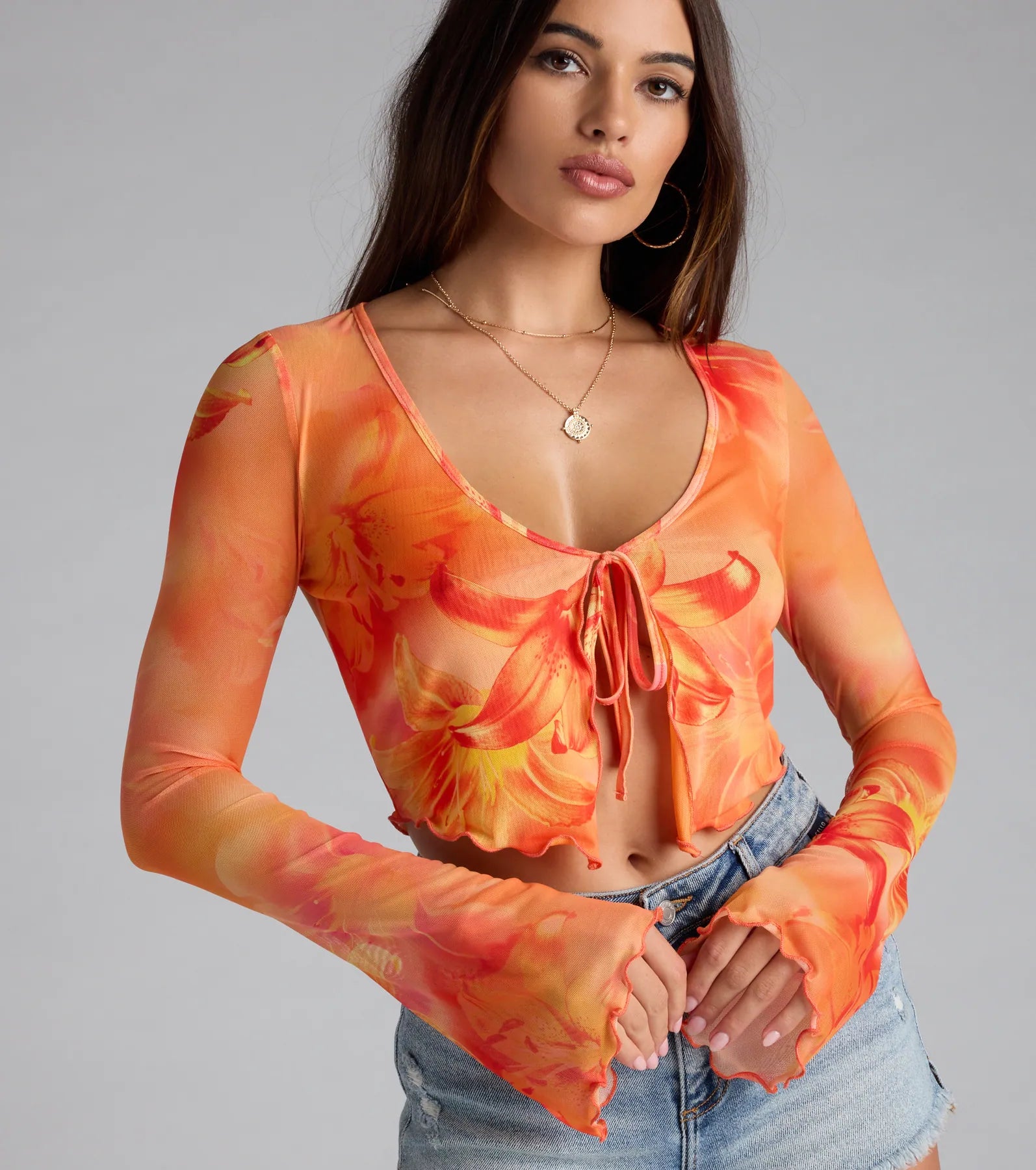 Tropical Daze Tie Front Mesh Crop Top