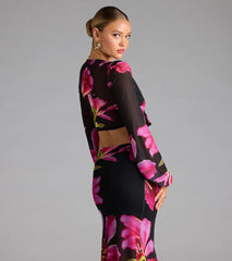 Vacay Queen Tropical Floral Mesh Tie-Front Top