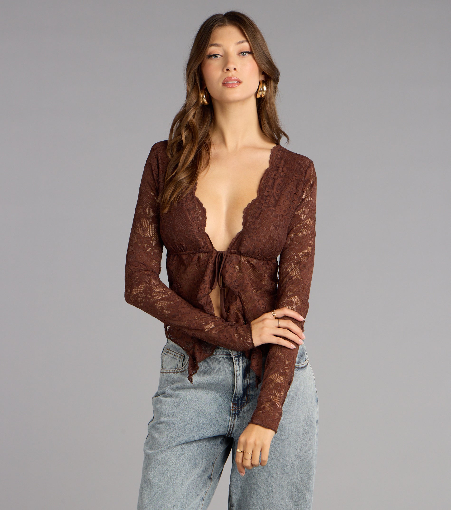 Delicate Flair Floral Lace Tie-Front Top