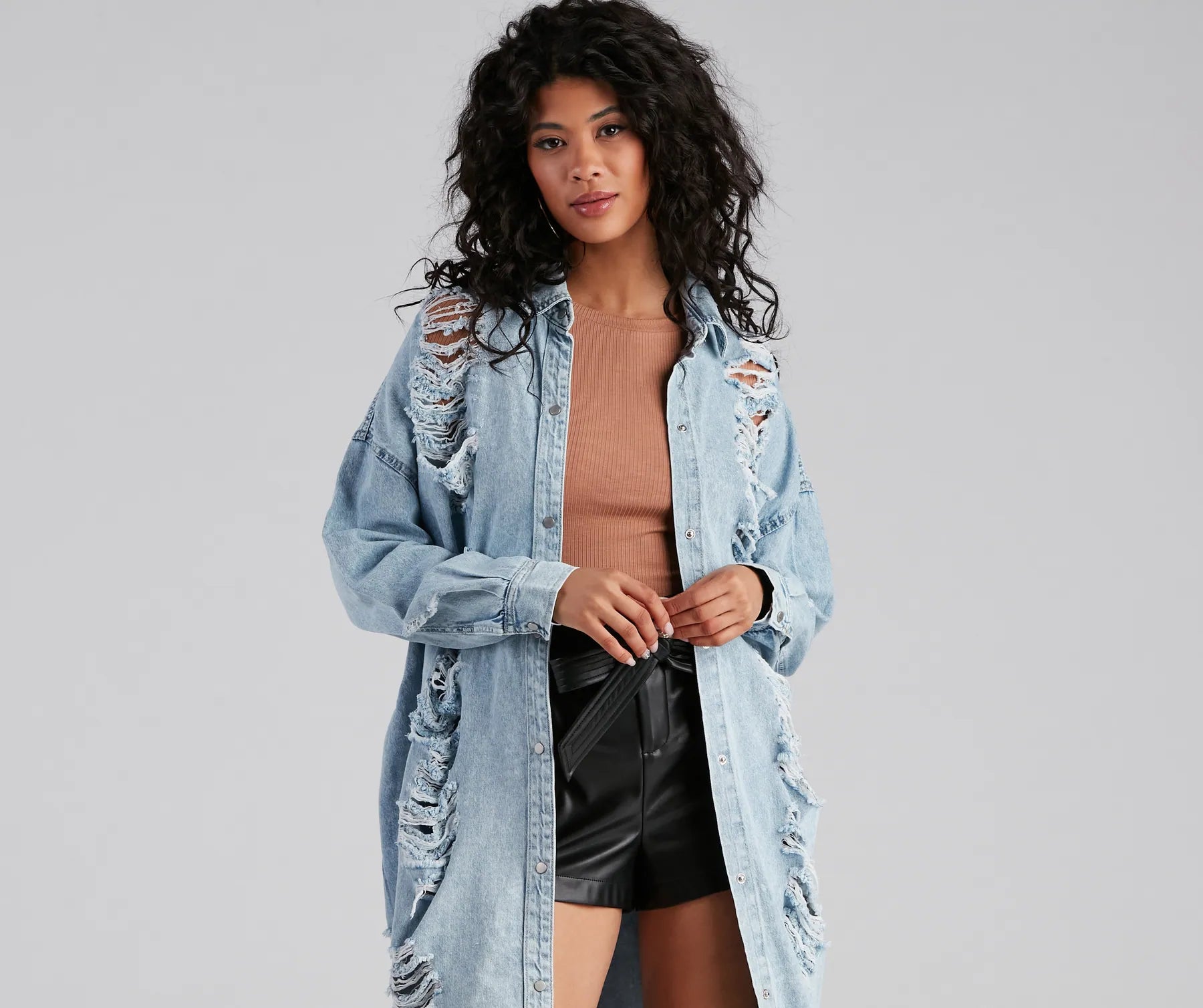Destroyed Denim Long Line Jacket