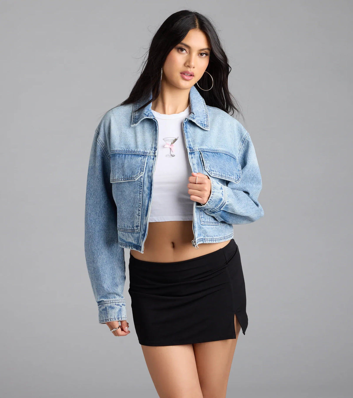 Cool Girl Zip Up Crop Denim Jacket