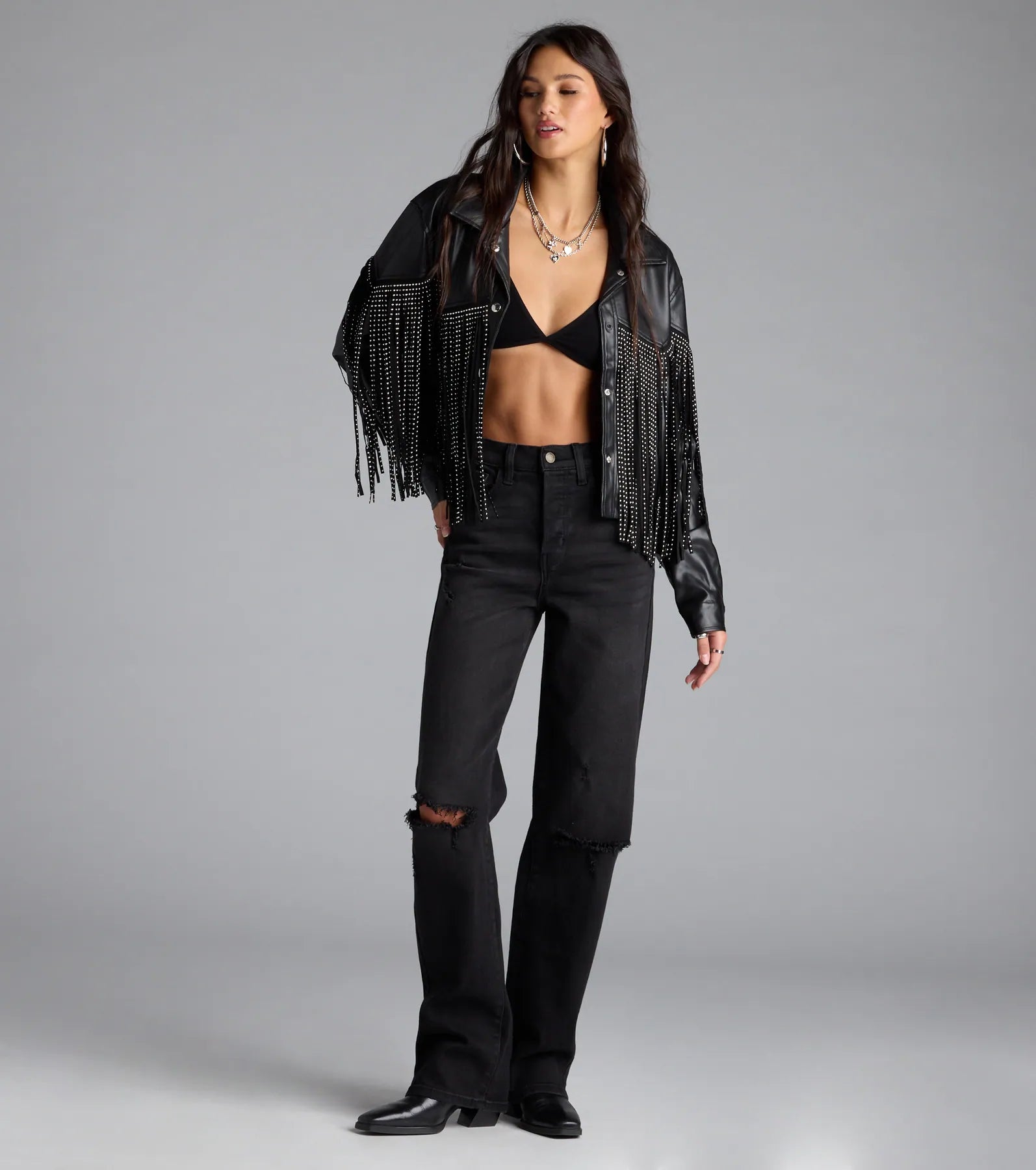 Cause A Scene Stud Fringe Faux Leather Shacket