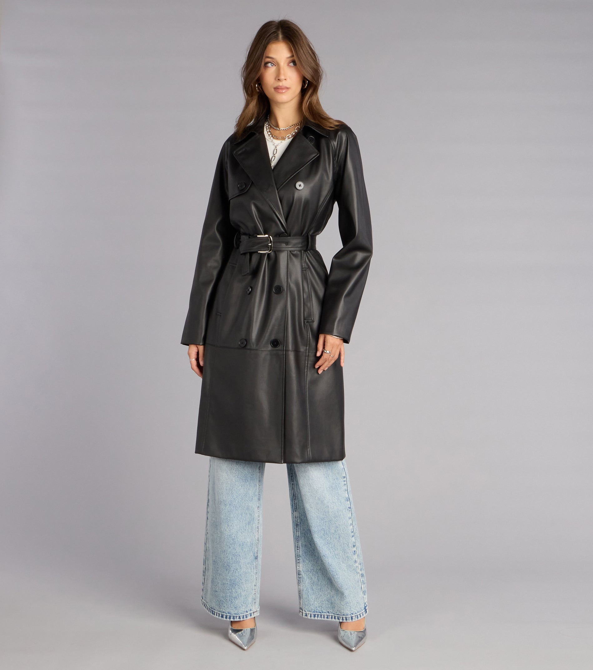 Iconic Muse Faux Leather Belted Trench Coat