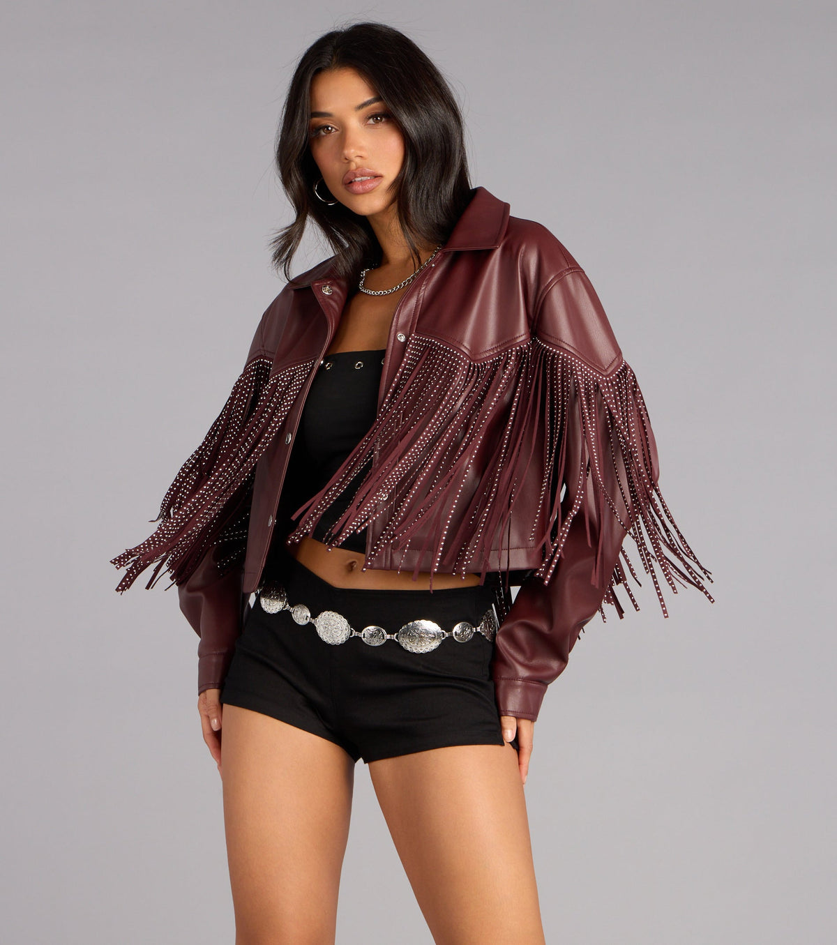Cause A Scene Stud Fringe Faux Leather Shacket