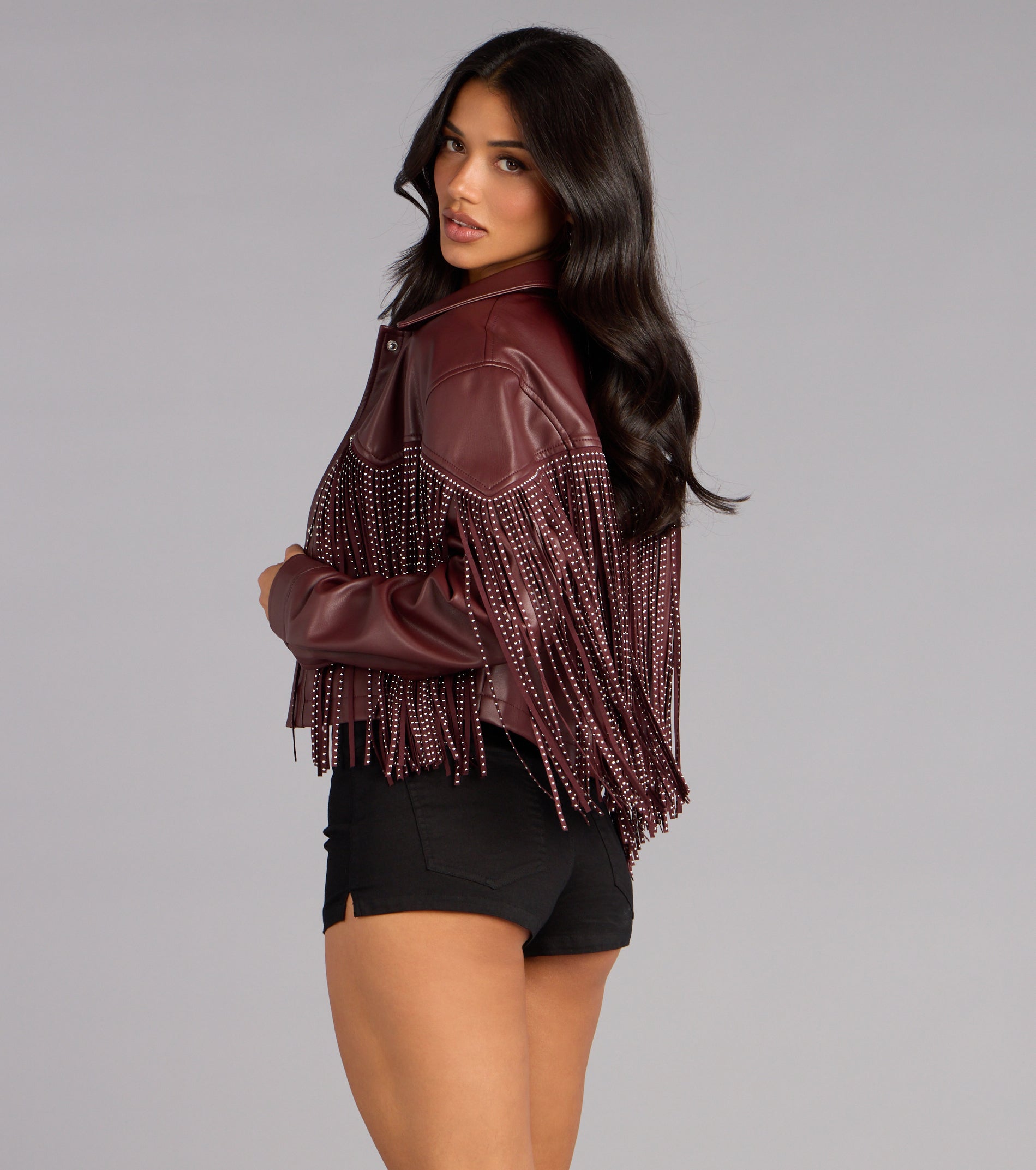 Cause A Scene Stud Fringe Faux Leather Shacket