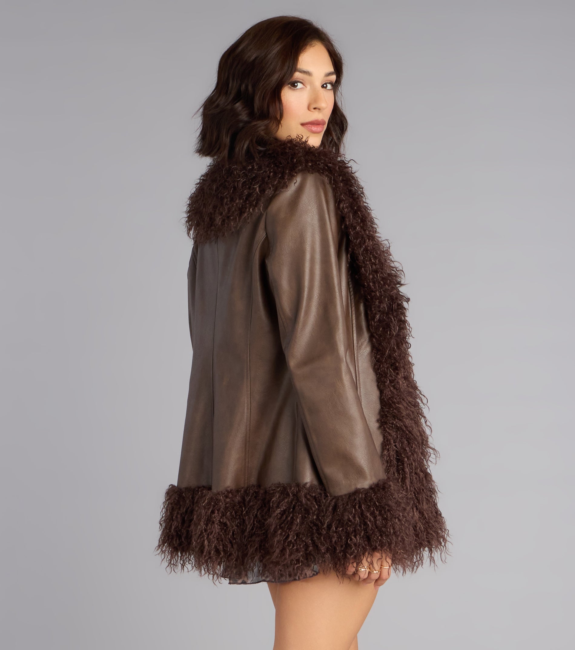 It Girl Faux Fur Trim Faux Leather Coat