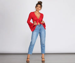 Woven Bell Sleeve Tie Front Top