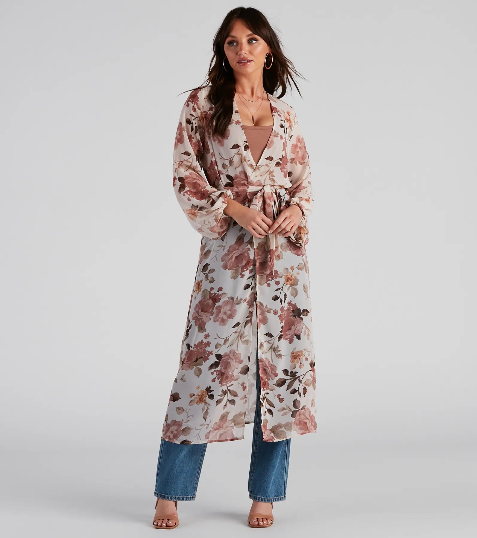 Flower Field Belted Chiffon Duster