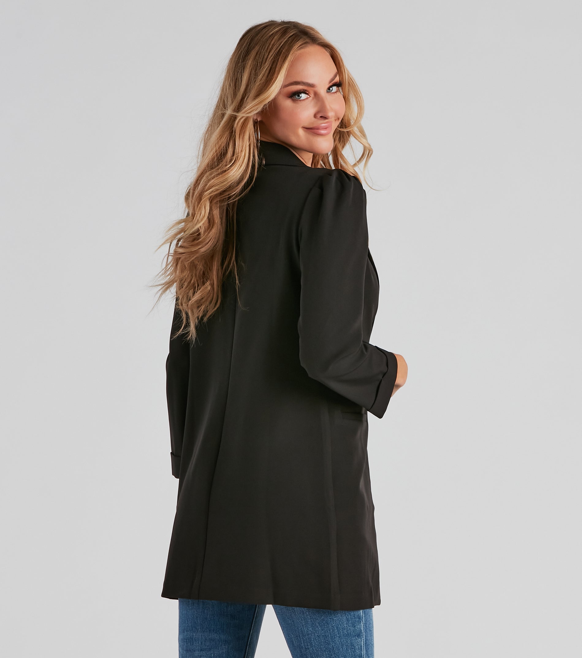 Nine-To-Five Puff Shoulder Long Line Blazer