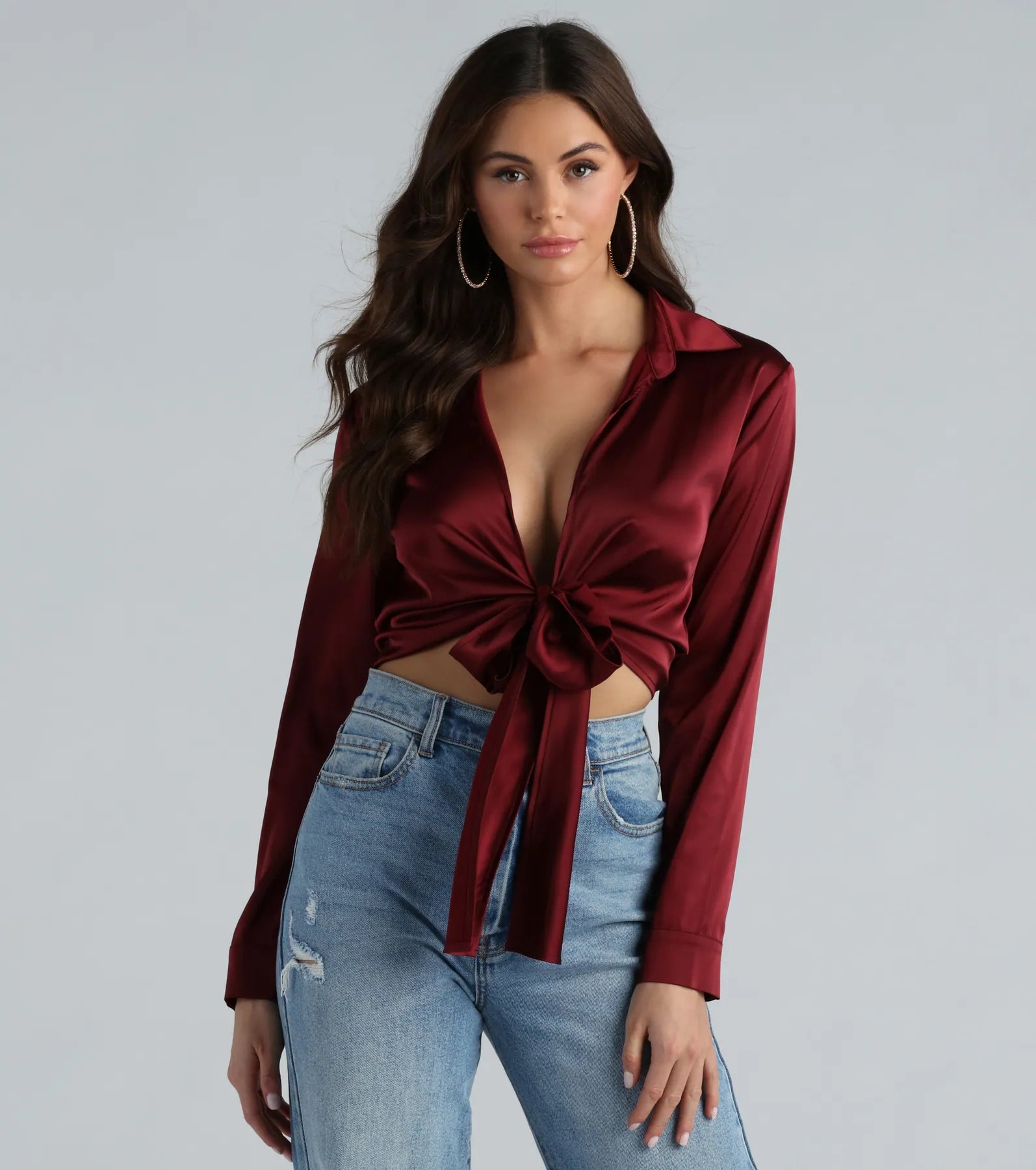 So Sleek Satin Tie-Front Blouse