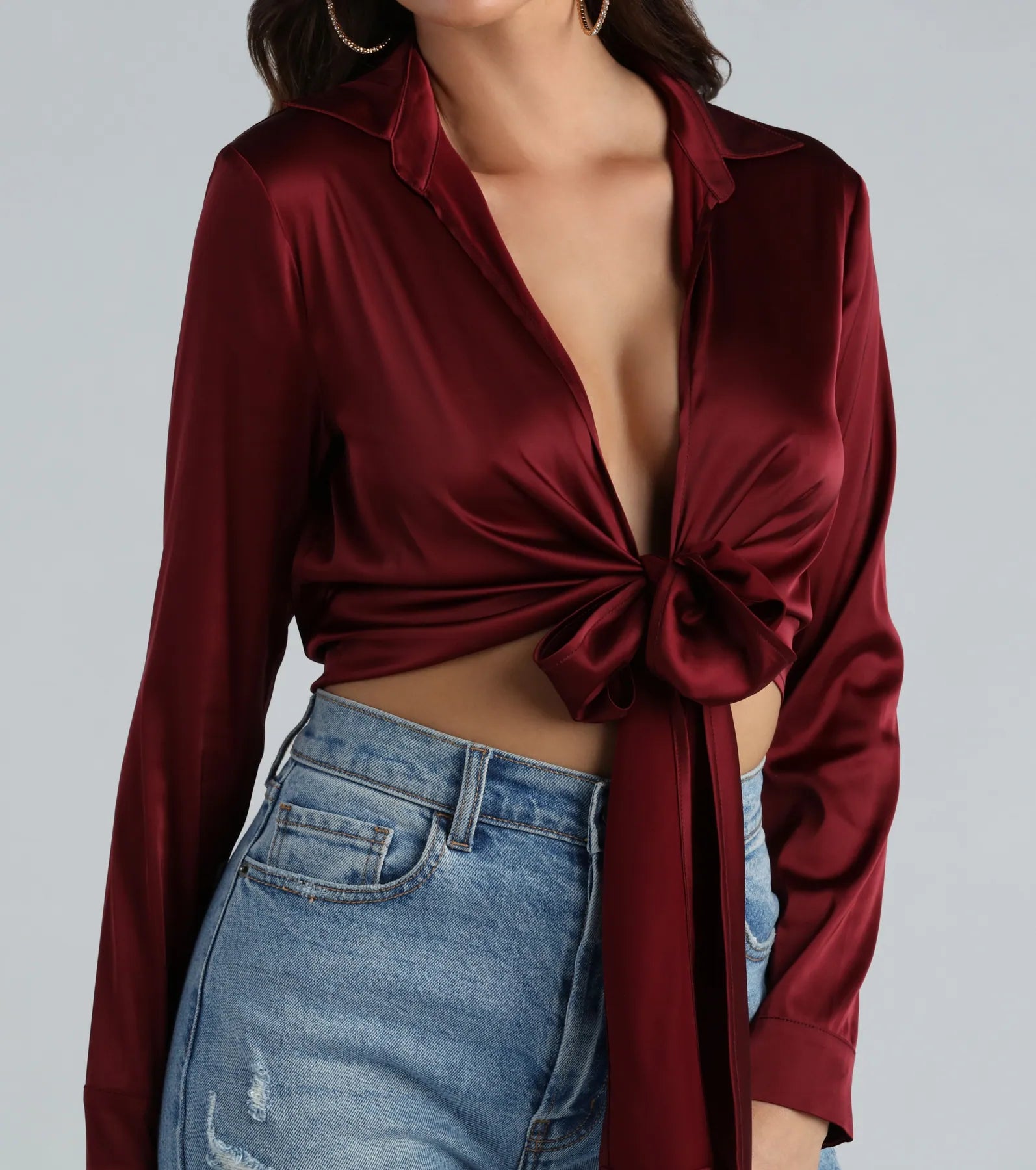 So Sleek Satin Tie-Front Blouse