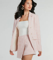 Preppy Beauty Tweed Faux Pearl Button Plaid Blazer
