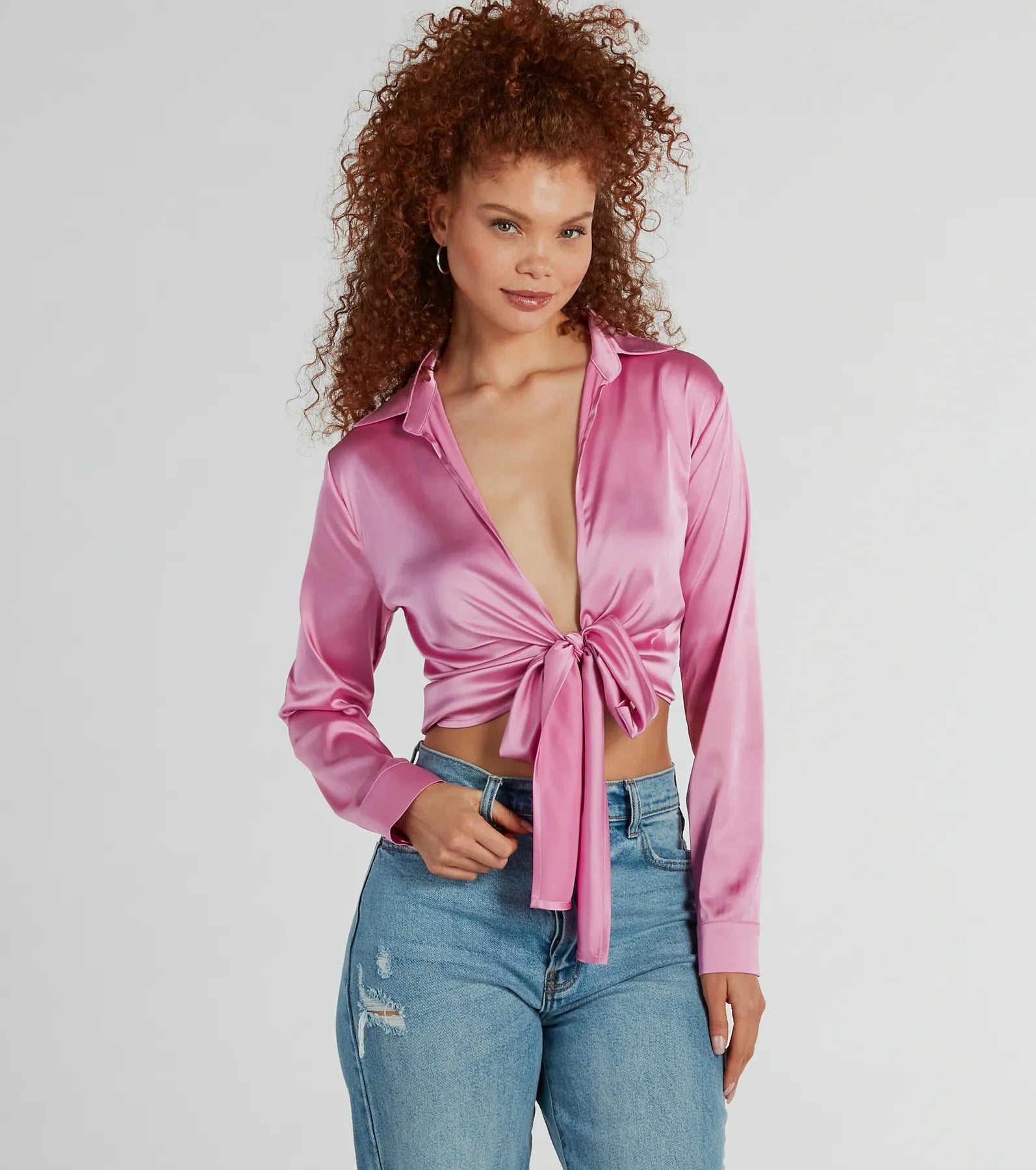 So Sleek Satin Tie-Front Blouse