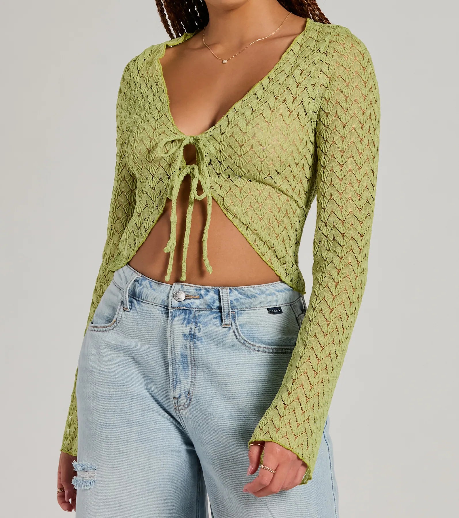 Cabana Honey Tie Front Crochet Crop Sweater