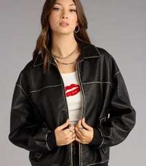 Vintage Chic Faux Leather Oversized Bomber Jacket