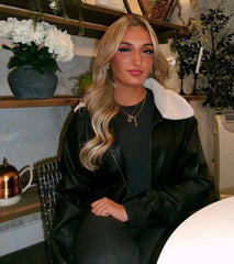 Edgy Chic Flair Faux Leather And Sherpa Bomber Jacket