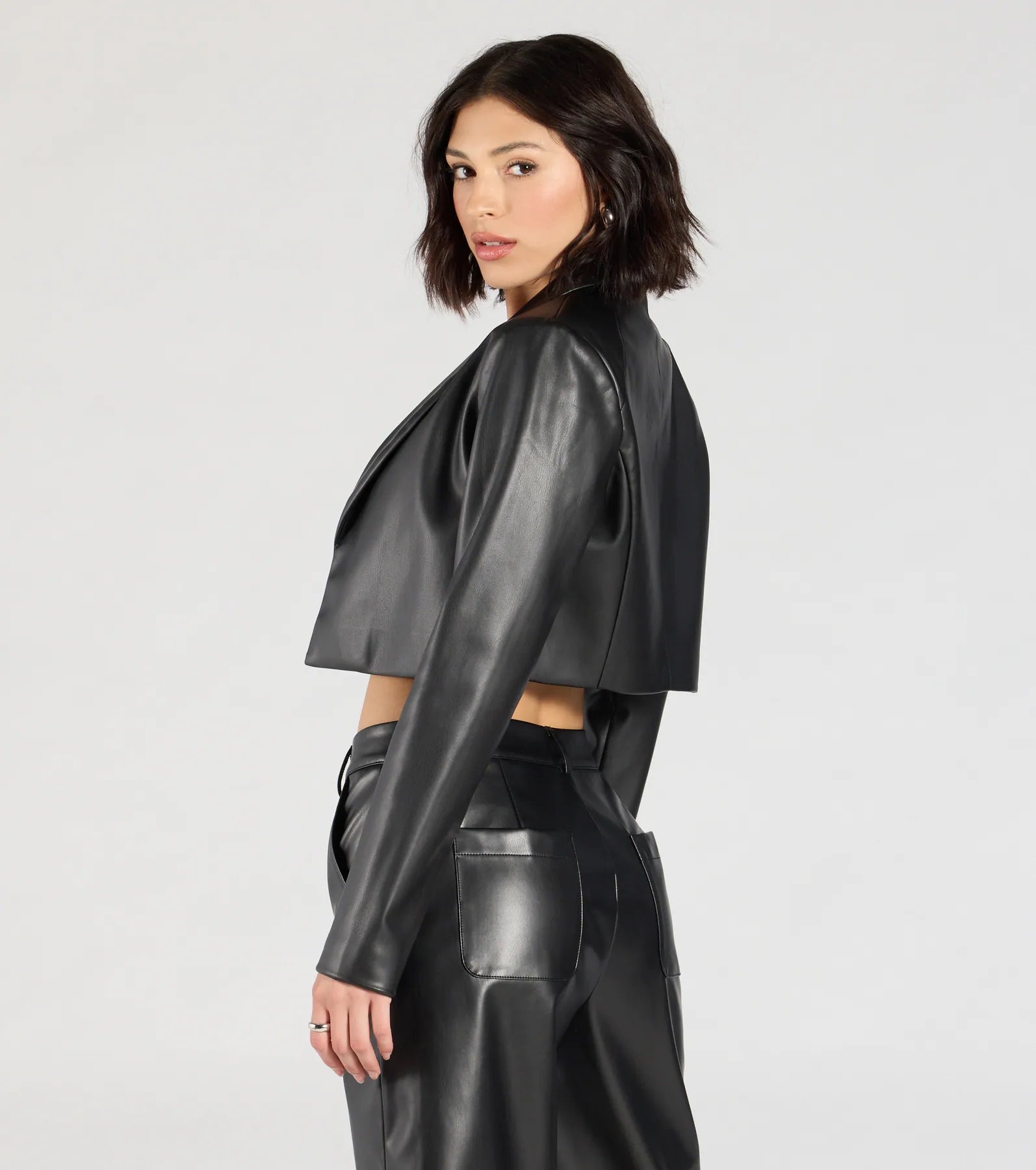 Chic Layer Faux Leather Cropped Blazer