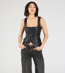 Fashionable Edge Button Down Faux Leather Vest
