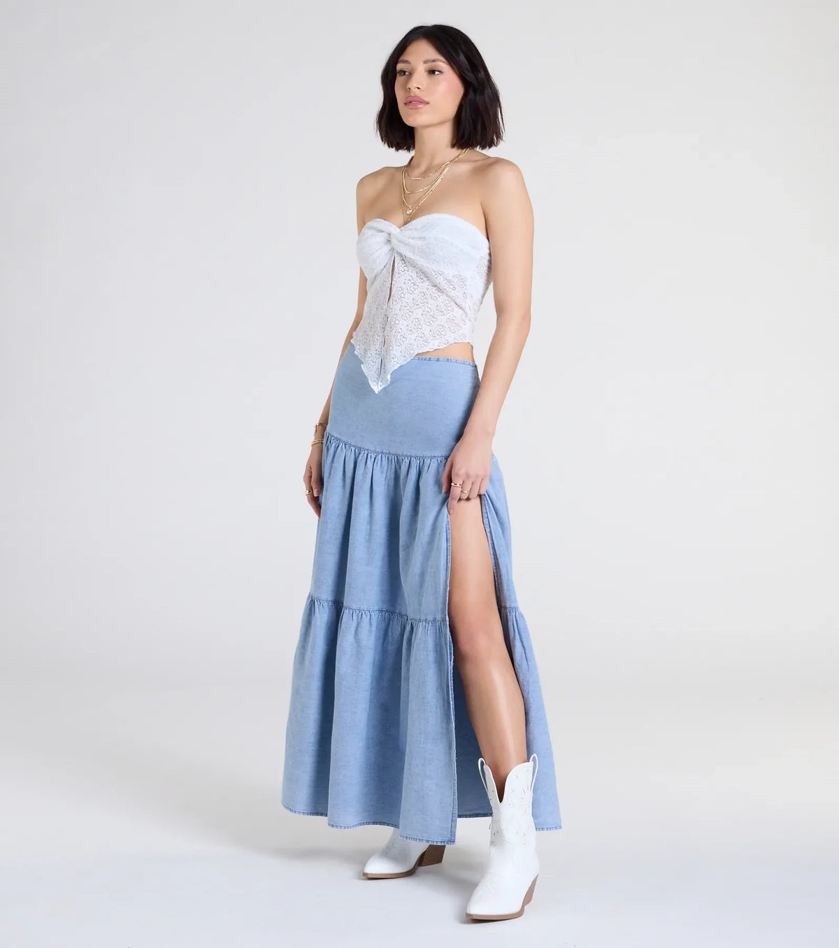 Western Cutie Tiered Chambray Maxi Skirt