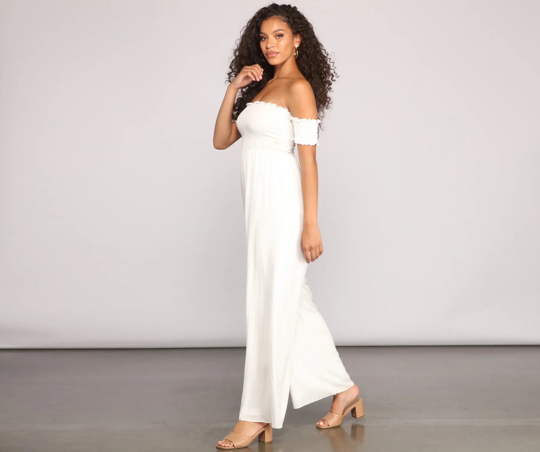 Vacay Bound Off The Shoulder Smocked Jumpsuit
