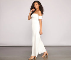 Vacay Bound Off The Shoulder Smocked Jumpsuit