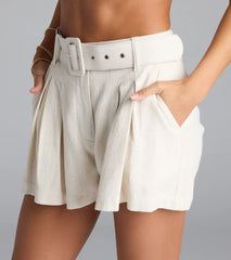 Looking Chic Belted Trouser Shorts With Linen
