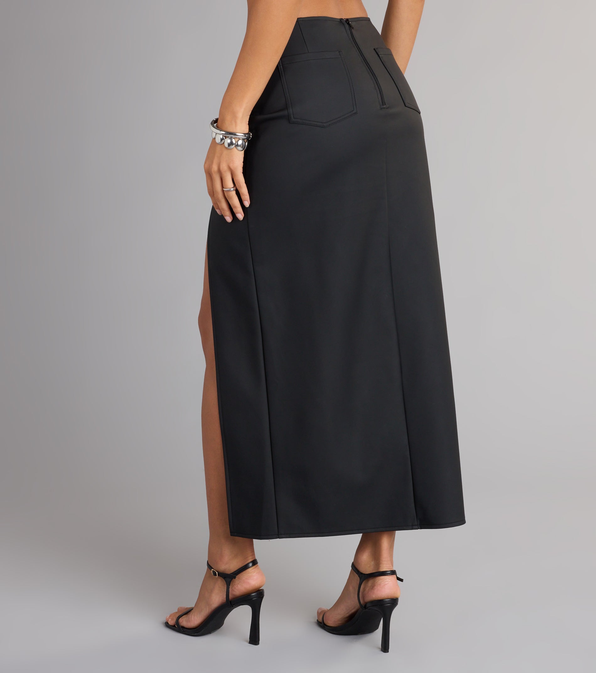 Edgy Glam High-Rise Buckle Maxi Skirt