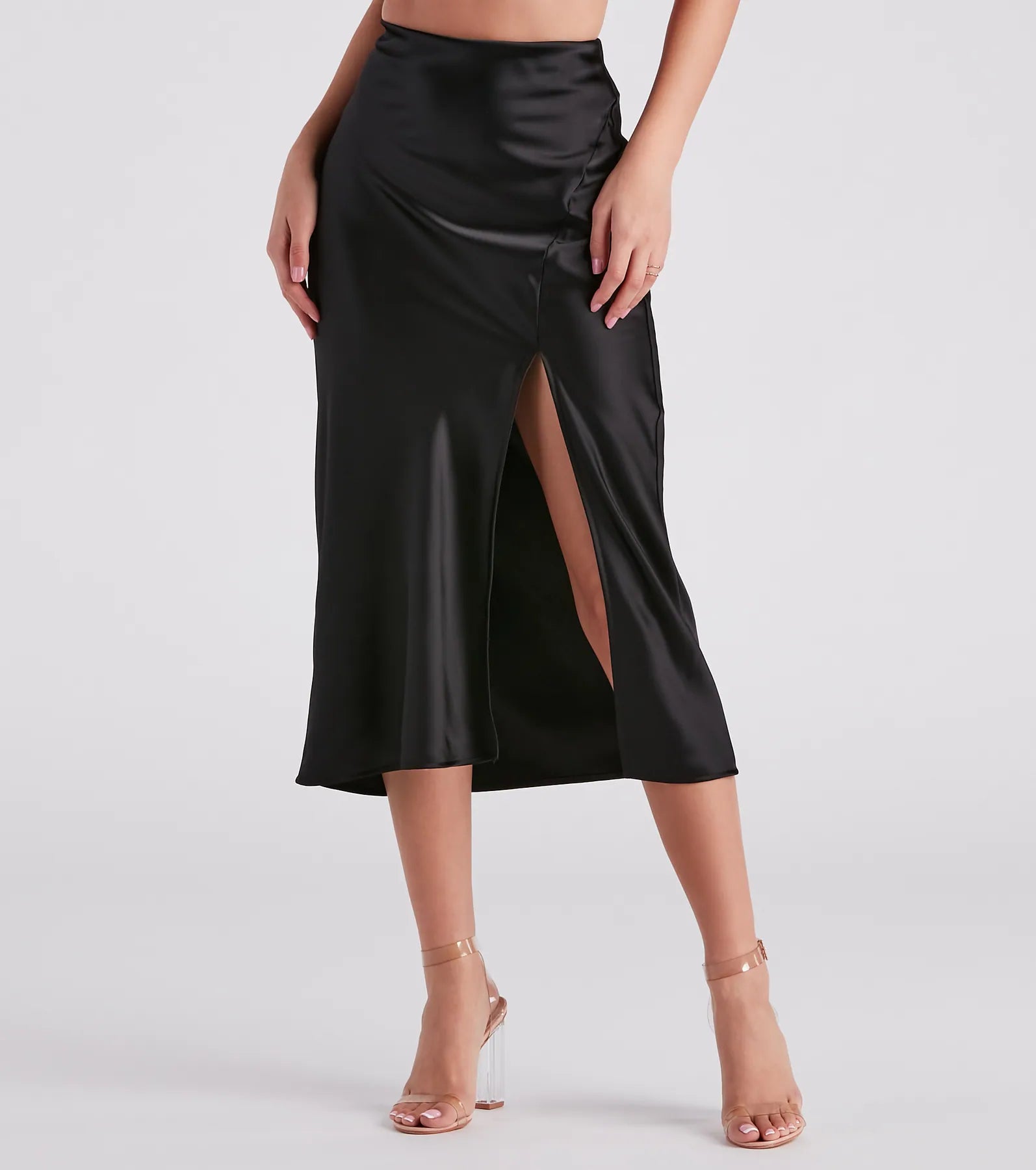 Scene Stealer High Slit Satin Midi Skirt