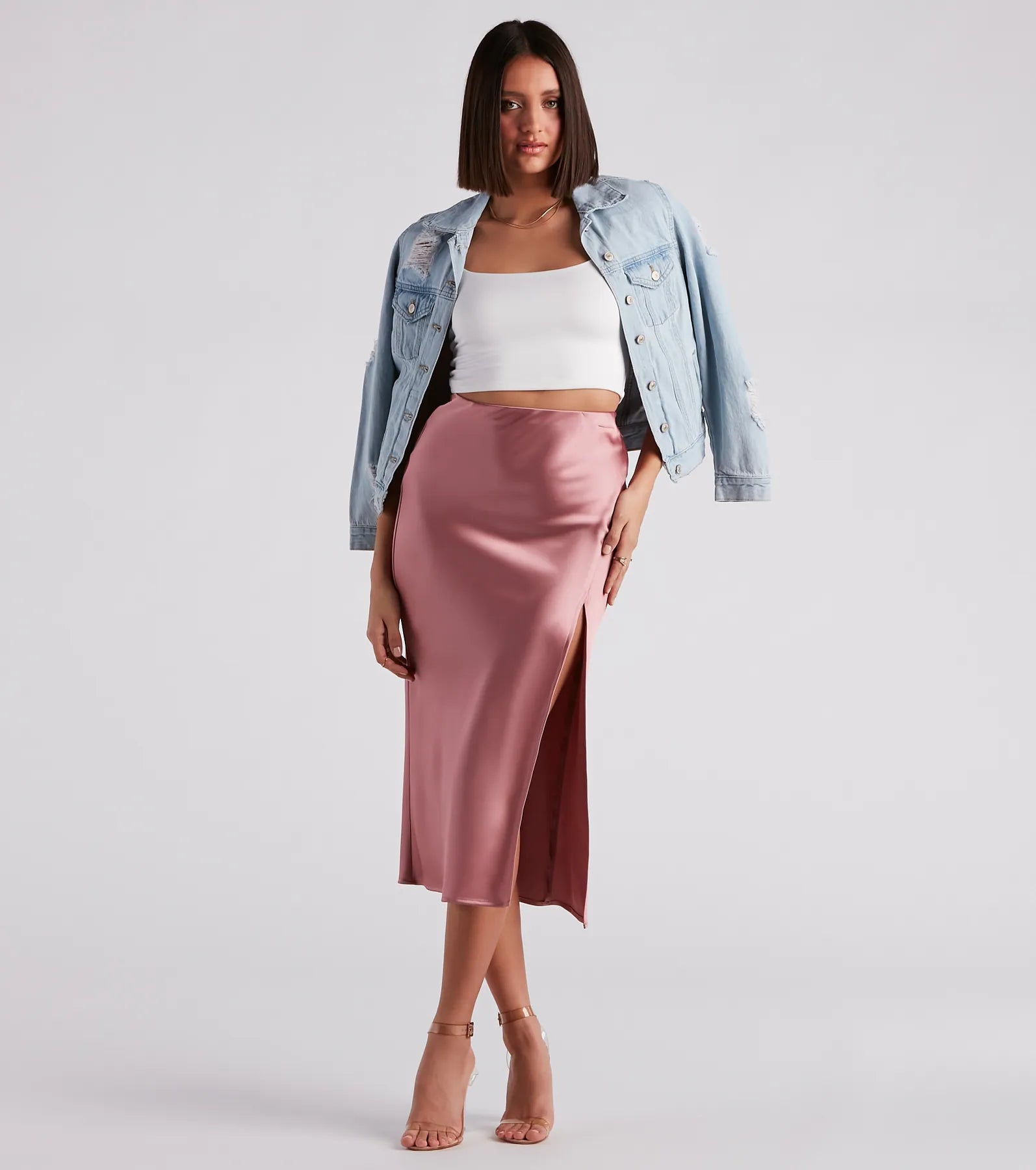 Scene Stealer High Slit Satin Midi Skirt