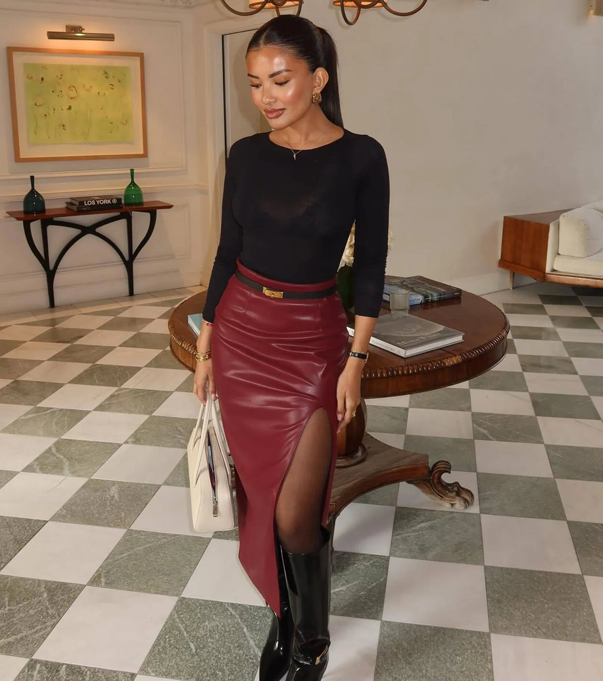 Chic Moment High-Slit Faux Leather Midi Skirt