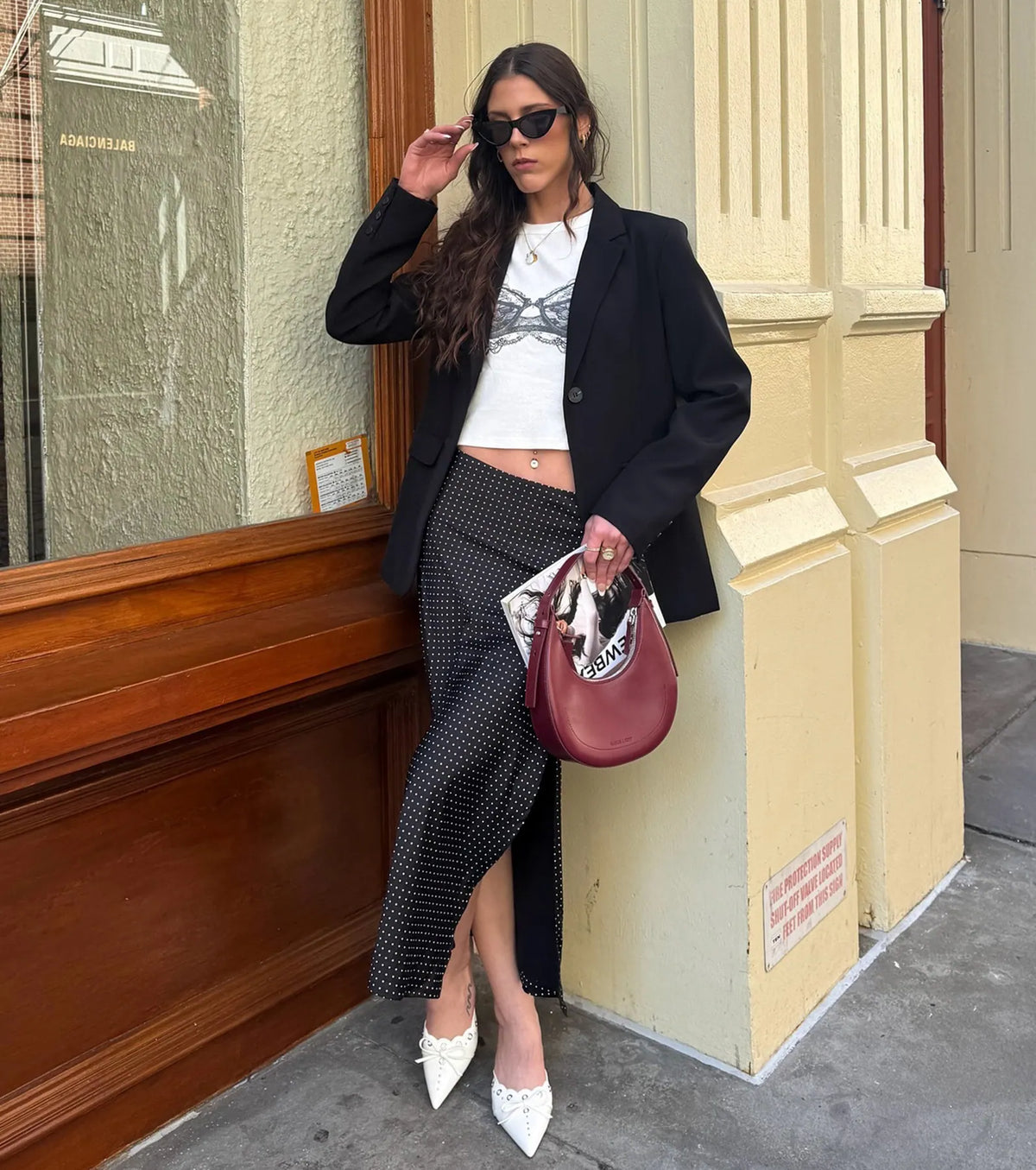 There She Goes High-Rise Slit Polka Dot Satin Midi Skirt