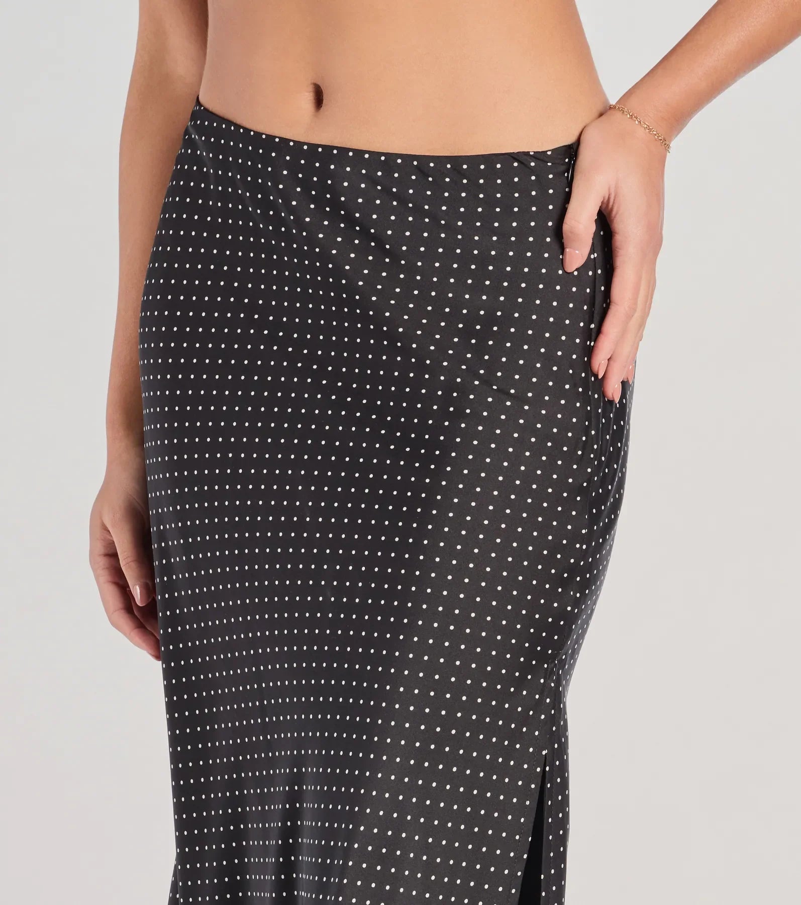 There She Goes High-Rise Slit Polka Dot Satin Midi Skirt