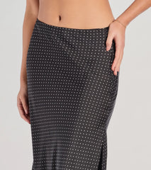 There She Goes High-Rise Slit Polka Dot Satin Midi Skirt