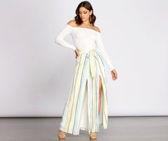 Front Slit Striped Wide Leg Pants