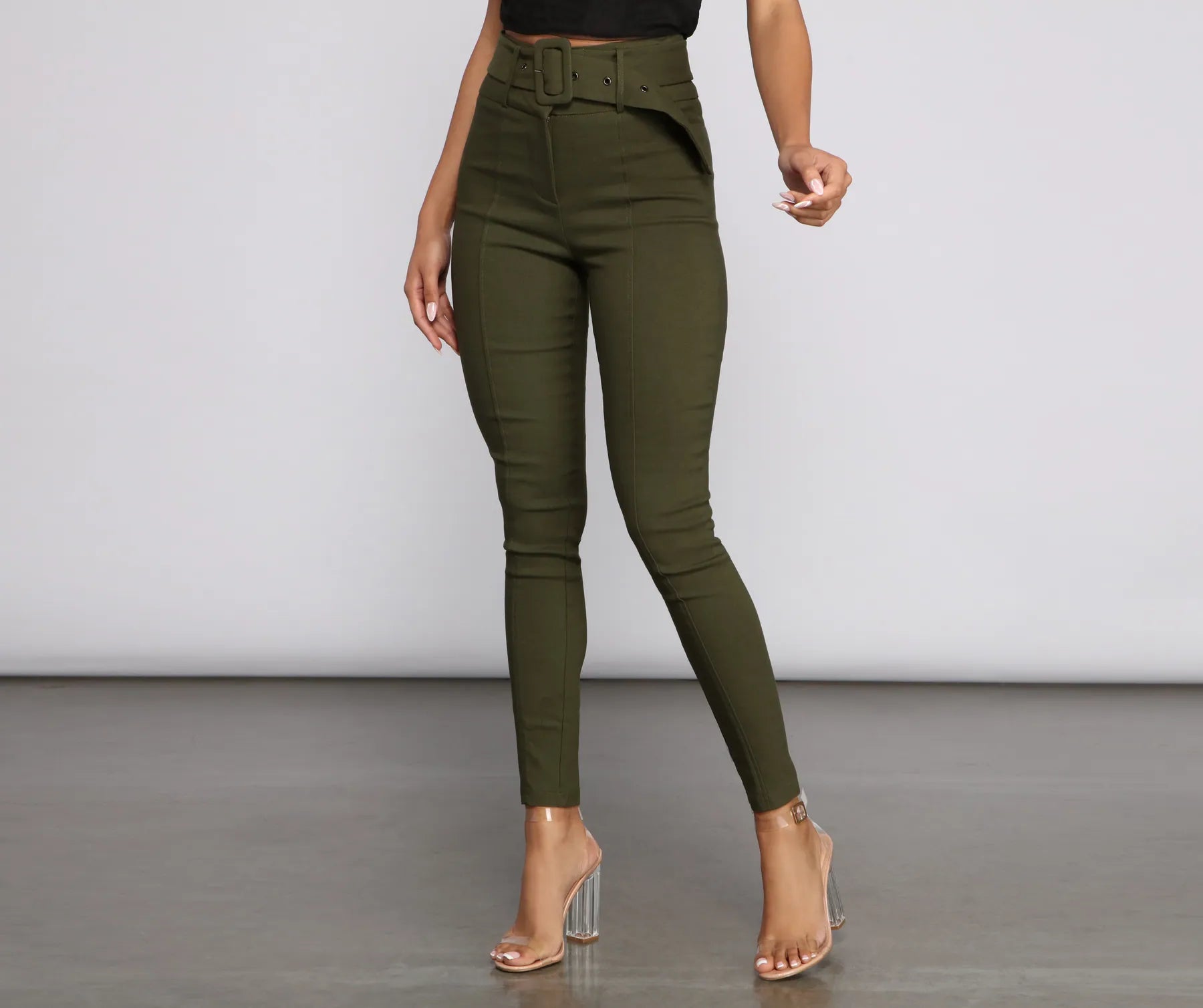 High Waist Belted Skinny Pants